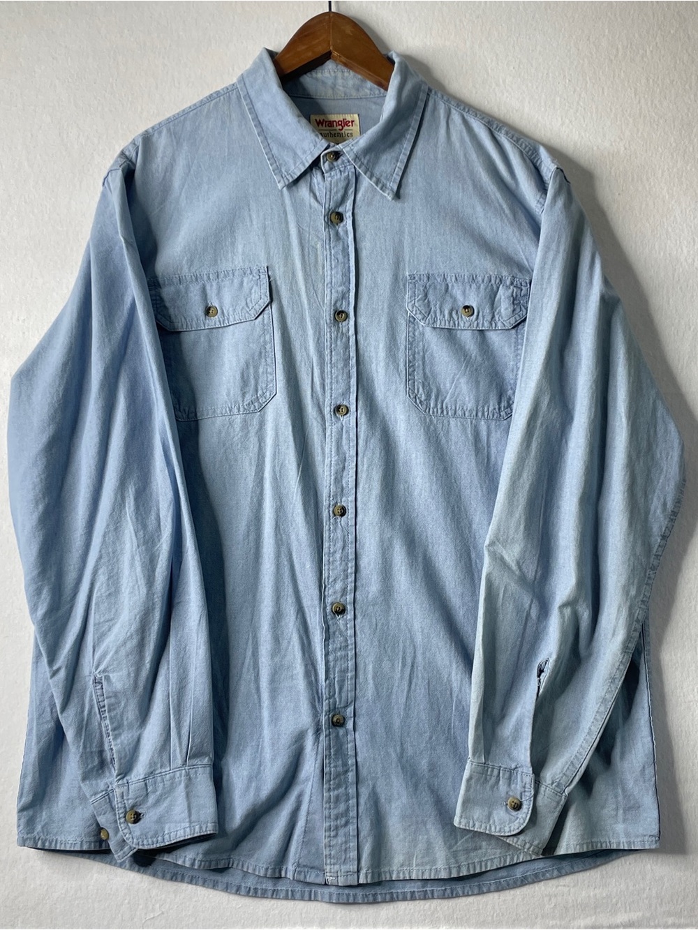 Wrangler Button Down Shirt Mens Large Light Blue Chambray Denim 90s Work Western